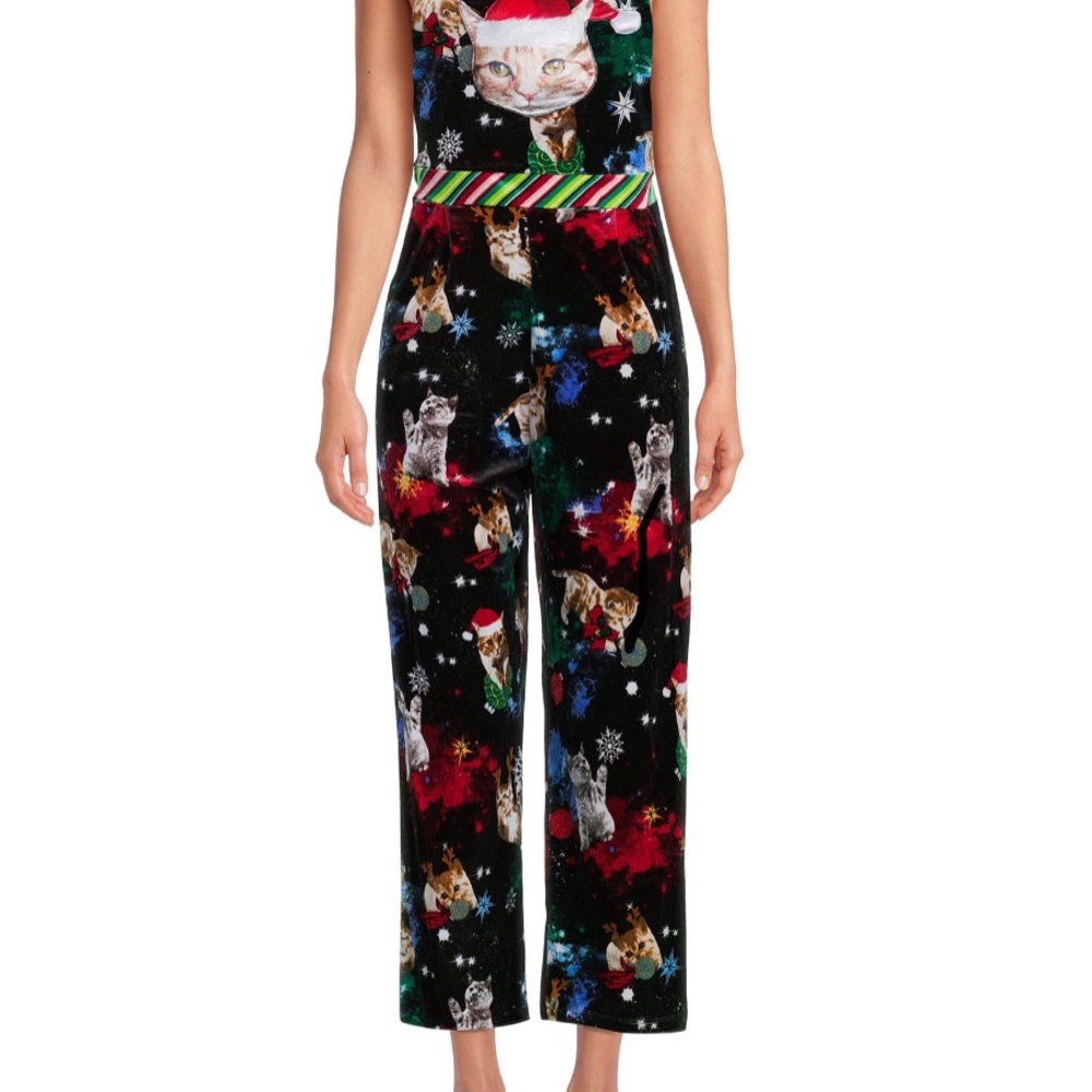 Christmas cat velvet romper/jumpsuit - Santa Cat - Ugly Sweater - Juniors LARGE - Picture 4 of 6